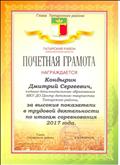 Почетная грамота главы Татарского района за высокие показатели в трудовой деятельности по итогам года